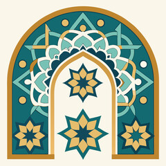 Elegant islamic arch vector illustration with geometric patterns and golden accents for ramadan