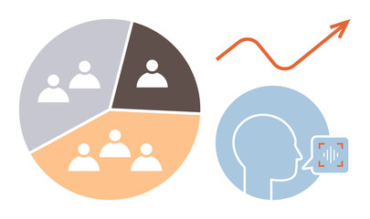 Pie chart with segmented teams, upward graph trend, and human profile with sound recognition. Ideal for marketing, communication, team management, analytics, growth, technology simple flat metaphor