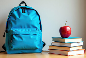 bright blue backpack standing on a school desk on the left, a stack of books with a red apple on top placed next to it, right side of the desk left empty for text placement