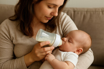 Loving mother feeding newborn baby with milk formula from bottle