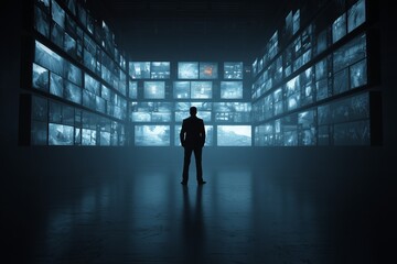 Businessman standing in dark room looking at wall of security camera footage displayed on multiple tv screens