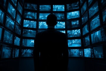Security guard monitoring multiple surveillance screens in a dark control room, ensuring safety and preventing incidents
