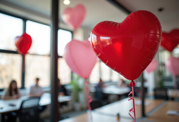 Modern office workspace decorated with red heart shaped foil balloons near each table, white interior, openspace office, grey chairs, monitors on white tables, green plants, Valentine's Day, sun light