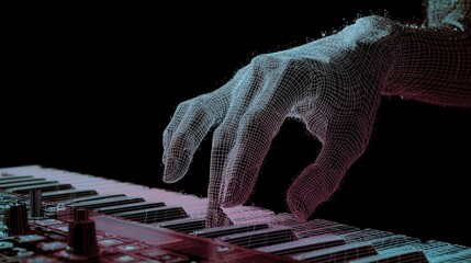 Polygonal hand playing a digital keyboard, creating a futuristic and technological music performance