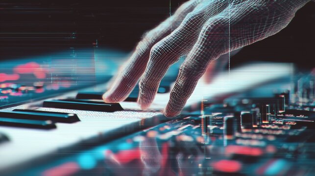 Digital wireframe hand hovering over virtual keyboard, generating immersive technological soundscape