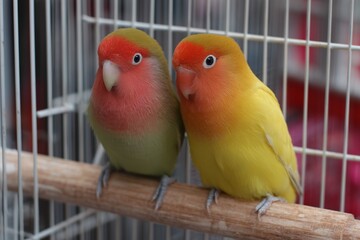 Peach-faced lovebirds nestling close on cage branch, displaying bright orange, yellow, green feathered plumage