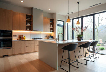 Front view of elegant interior with gray drawers under kitchen cabinet. empty wooden table and marble countertop in room. modern equipment for cooking. well organized space for storage food products