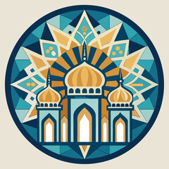 Fototapeta premium Ornate islamic mosque illustration with geometric star ornament in blue and gold tones suitable for festive occasions