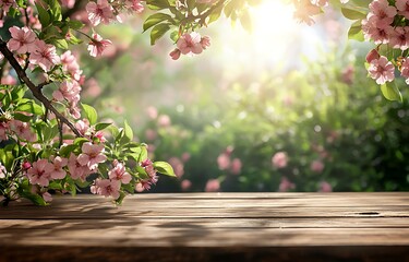 Spring blossom background with wooden table for product display mockup scene