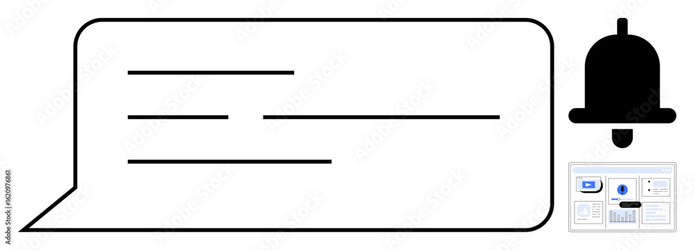Poster speech bubble with text lines, notification bell icon, and small dashboard interface. ideal for comm