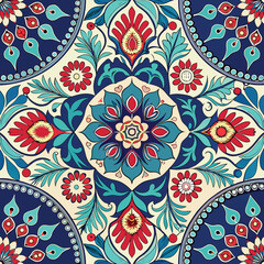 Vibrant floral pattern with bold colors in decorative repeat tile design for fabric and wrapping
