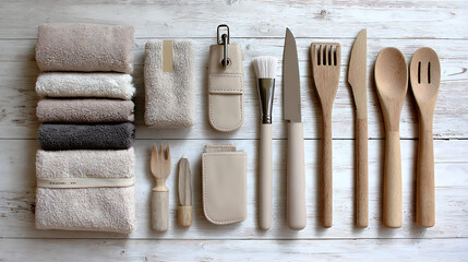 Neutral toned collection of kitchen utensils and soft towels arranged neatly wooden spoons wooden spatula