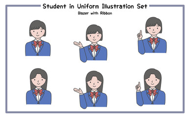 制服姿の学生 イラストセット3-1 (ジャケット&リボン) / Student in Uniform, Character Pose Set