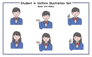 制服姿の学生 イラストセット3-2 (ジャケット&リボン) / Student in Uniform, Character Pose Set