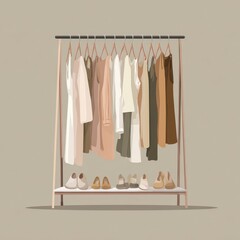 Neutral-toned clothing on a rack, shoes below, simple background, for fashion website