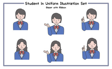 制服姿の学生 イラストセット3- 4(ジャケット&リボン) / Student in Uniform, Character Pose Set