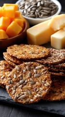 Fototapeta premium Oatmeal cracker with cheddar cheese displayed on a dark slate plate surrounded by milk and cheese on a rustic wooden table