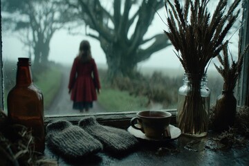 A melancholic view from a rustic window as a lone figure walks into mist.