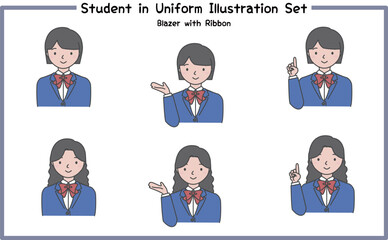 制服姿の学生 イラストセット3- 4(ジャケット&リボン) / Student in Uniform, Character Pose Set