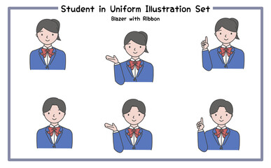 制服姿の学生 イラストセット3-3 (ジャケット&リボン) / Student in Uniform, Character Pose Set