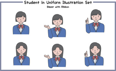 制服姿の学生 イラストセット3-1 (ジャケット&リボン) / Student in Uniform, Character Pose Set
