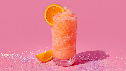 Orange slushy drink with citrus garnish and glitter cocktail glass