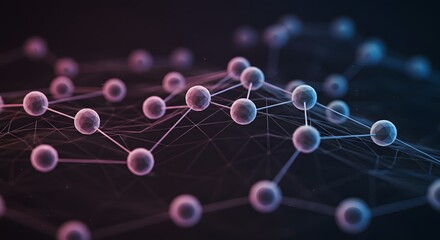 Abstract network structure with interconnected spheres and lines on a dark gradient background