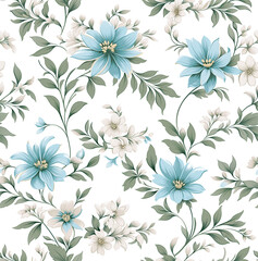 Vintage Floral Seamless Pattern. Blue and White small flowers, green leaves. Ornament vector. Hepatica, scilla, squill, chicory, flax. Delicate romantic tile motif