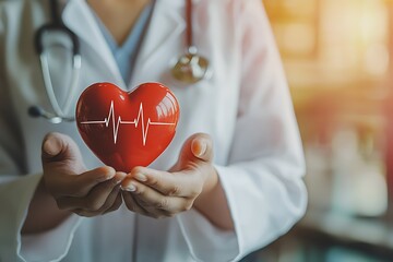 Doctor holding heart model for cardiology heart health and medical concept
