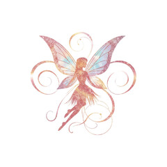 Beautiful fairy silhouette with colorful wings and sparkles on a white background