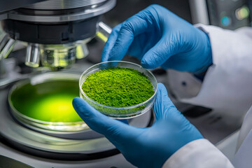 A lab technician in gloves and lab coat holds a petri dish of vibrant green powder under a microscope for scientific analysis.