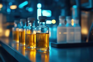 Pharmaceutical research and development bottles in a science laboratory lab
