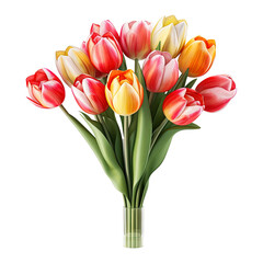 Colorful tulip bouquet isolated on transparent white background, clipping path