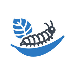 Caterpillar resting on a leaf in blue and green tones, concept of gardening  