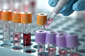 Lab technician preparing blood samples with pipette in a clinical setting during afternoon hours