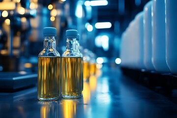 Pharmaceutical production line with vials of liquid medicine or vaccine shot