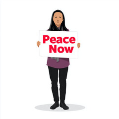 Asian woman holding a sign that says "Peace Now" in protest  