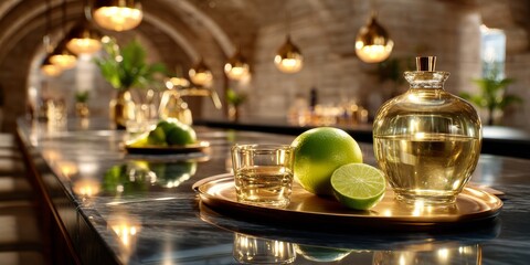 Golden tequila invitingly sits on a luxurious hotel bar counter with limes