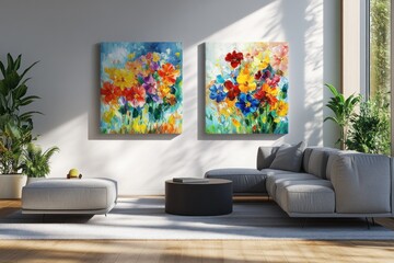 Modern living room with floral paintings and comfortable gray sofa design