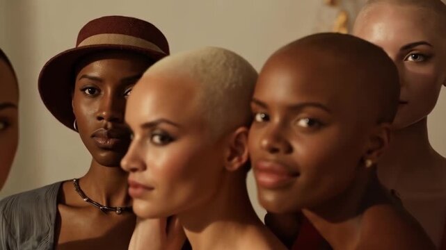 Confident young woman proudly embracing her alopecia with natural bald beauty against soft studio backdrop