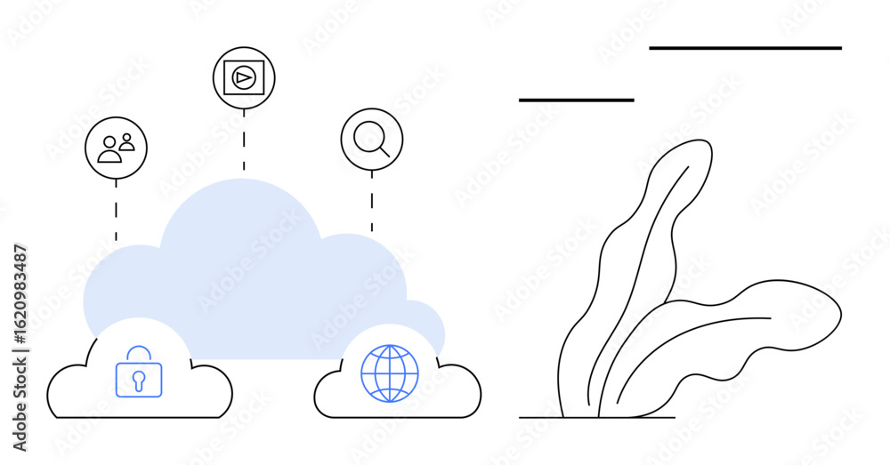 Poster cloud as central element with lock, globe, user, and search icons representing data sharing, securit