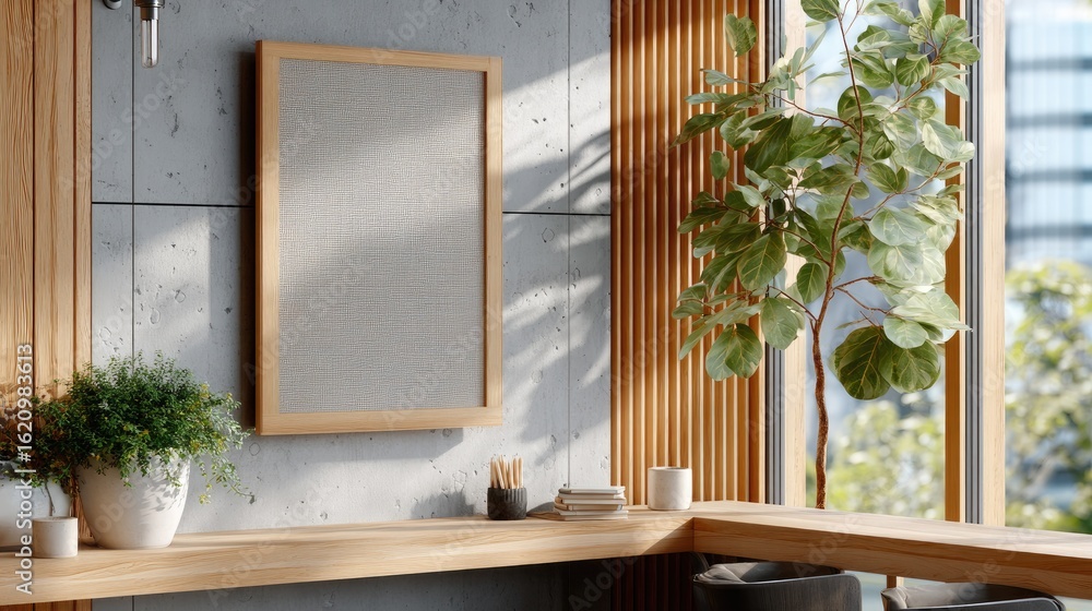 Poster empty white frame stands against a wall, sunlight streams in, creating gentle shadows while a plant 