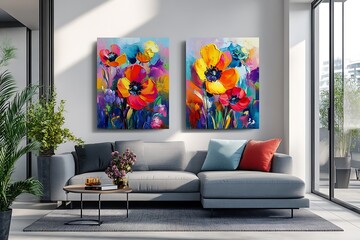 Modern living room decor with floral art canvas prints and gray sectional