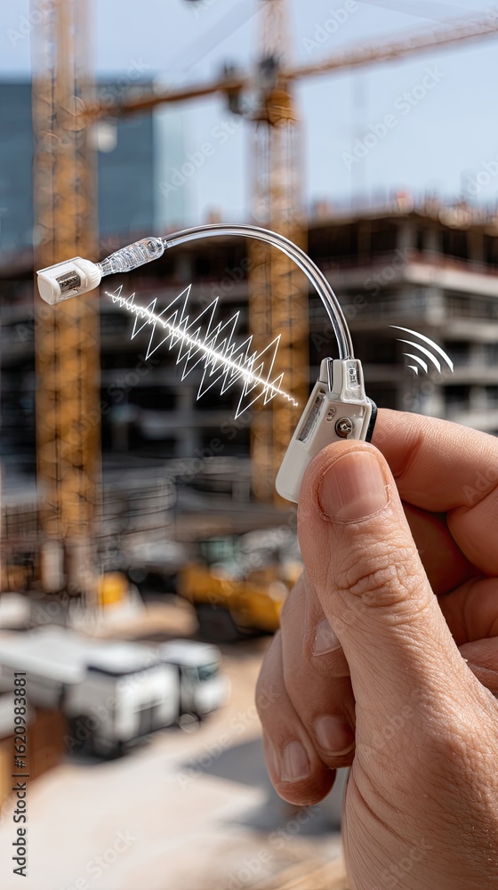 Poster a rudimentary device releases sonar waves amidst a construction environment, creating a captivating 