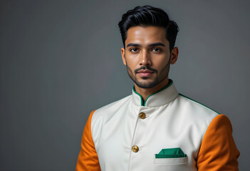 Indian Man in Tricolor Sherwani Handsome Model in Saffron, White, and Green Traditional Outfit Stylish Portrait with Elegant Hairstyle for Festive Occasion