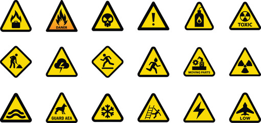 Collection of various yellow warning signs and hazard symbols isolated on a transparent background, representing danger and safety precautions