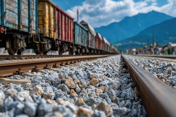 Fototapeta premium Low-angle view of multicolored gravel wagons on railroad track with rocky foreground and blue sky