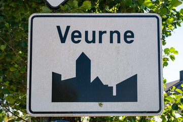 Road sign of the city of Veurne, West Flanders, Belgium