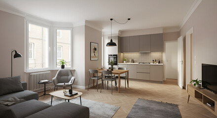 Fototapeta premium Small and stylish, open plan apartment with kitchen, dining area and living room in one 