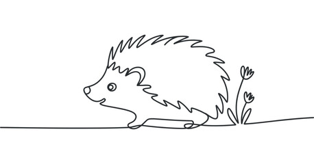 Adorable Hedgehog Continuous Line Art Illustration: Simple Outline Drawing of a Spiky Mammal Walking on a Line with Flowers